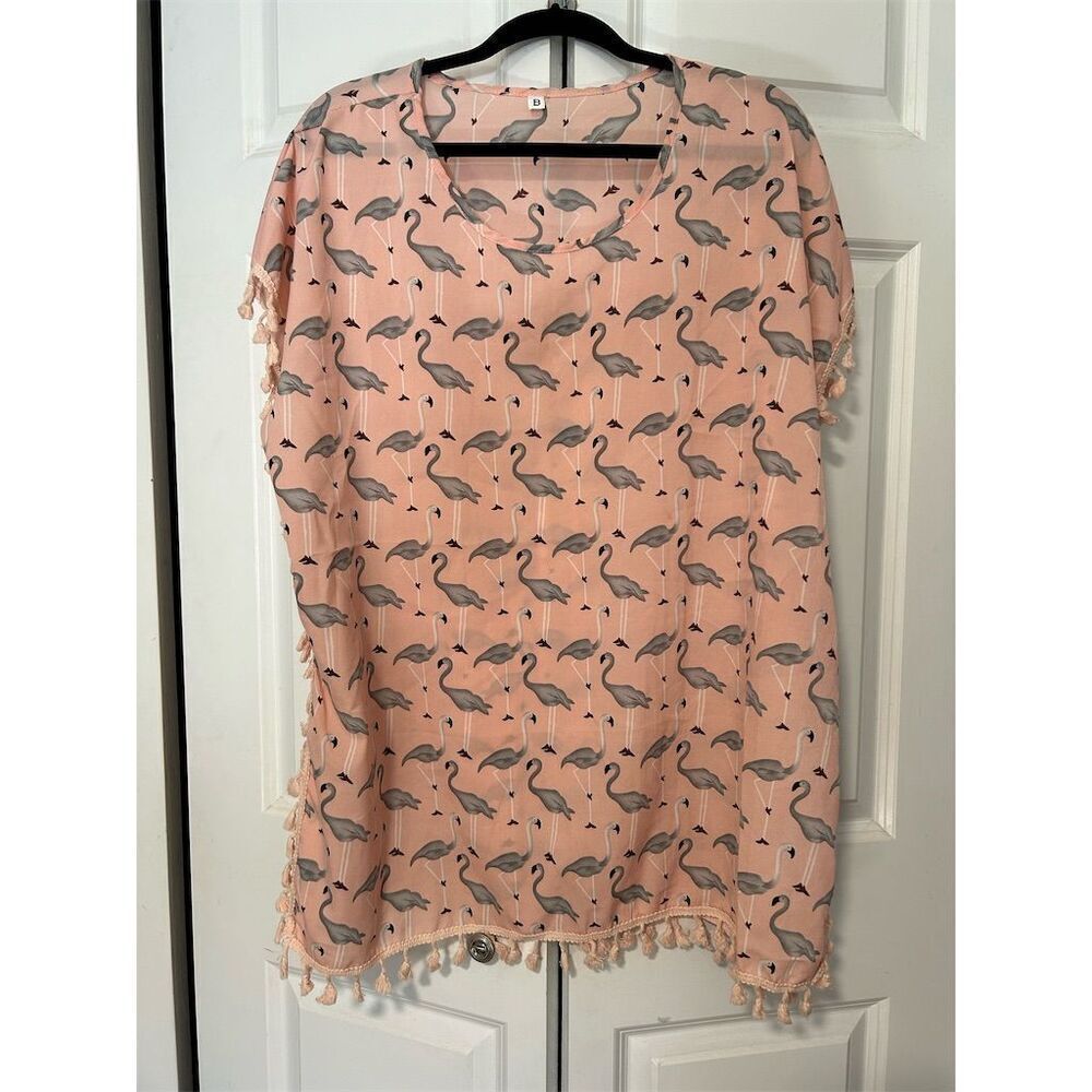 Flamingo Print Beach Cover Up Dress Women's pink/gray Tassel Trim